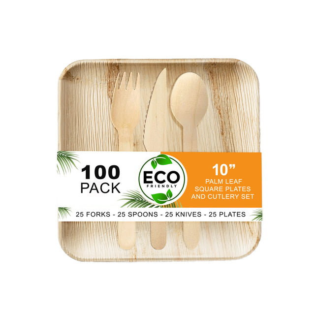 Naturelia Palm Leaf Plates Square Cutlery Combo 100Pcs - Natural Wood Style Dinnerware - Microwave-Safe Dinner Party Plates for Wedding, Events - Sturdy Like Bamboo Plates