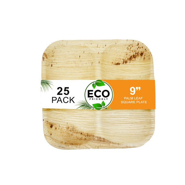 Naturelia Palm Leaf Plates Square 9" 3 Partition - Natural Wood Style Dinnerware - Microwave-Safe Dinner Party Plates for Wedding, Events - Sturdy Like Bamboo Plates