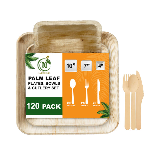 Naturelia Palm Leaf Plates Party Pack Square Plates 120 Pack, Bowls & Cutlery- Natural Wood Style Dinnerware - Microwave-Safe Dinner Party Plates for Wedding, Events - Sturdy Like Bamboo Plates