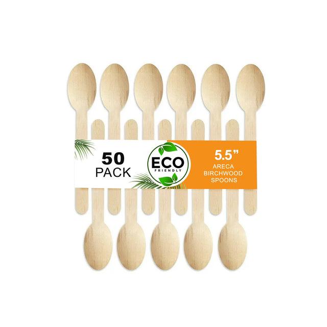 Naturelia Lot de 50 cuillères jetables en bois naturel - Vaisselle de style bois naturel - Cuillères de dîner allant au micro-ondes pour mariages, événements - Robustes comme des cuillères en bambou
