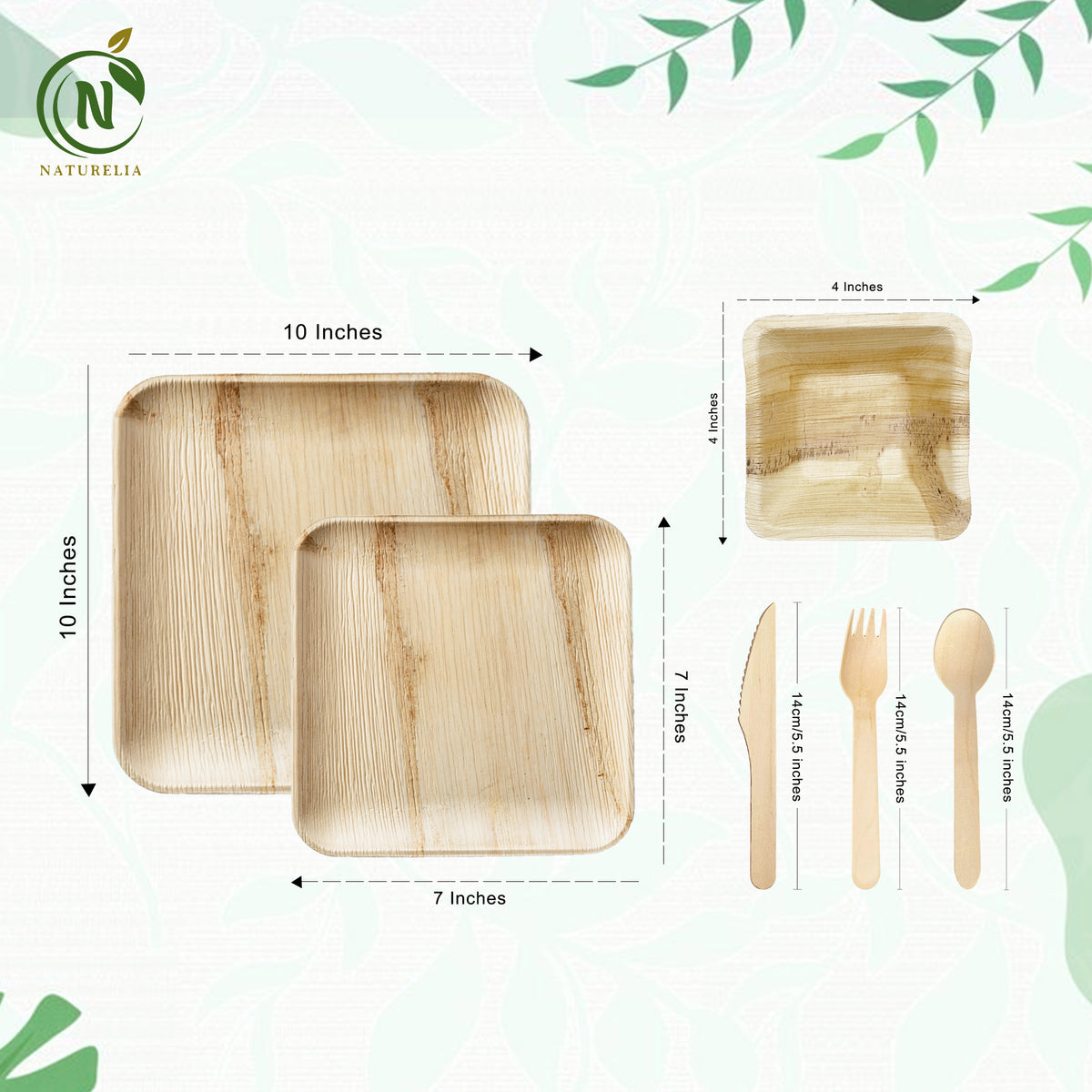 Naturelia Palm Leaf Plates Party Pack Square Plates 120 Pack, Bowls