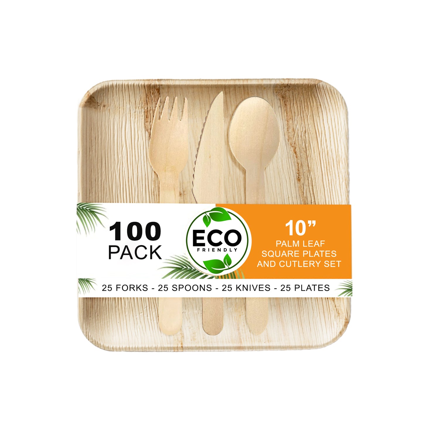 Square palm-leaf plate & cutlery combo: 100 pieces
