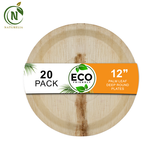 Naturelia Palm Leaf 12 Inch Round Deep 20 Plates - Natural Wood Style Dinnerware - Microwave-Safe Dinner Party Plates for Wedding, Events - Sturdy Like Bamboo Plates