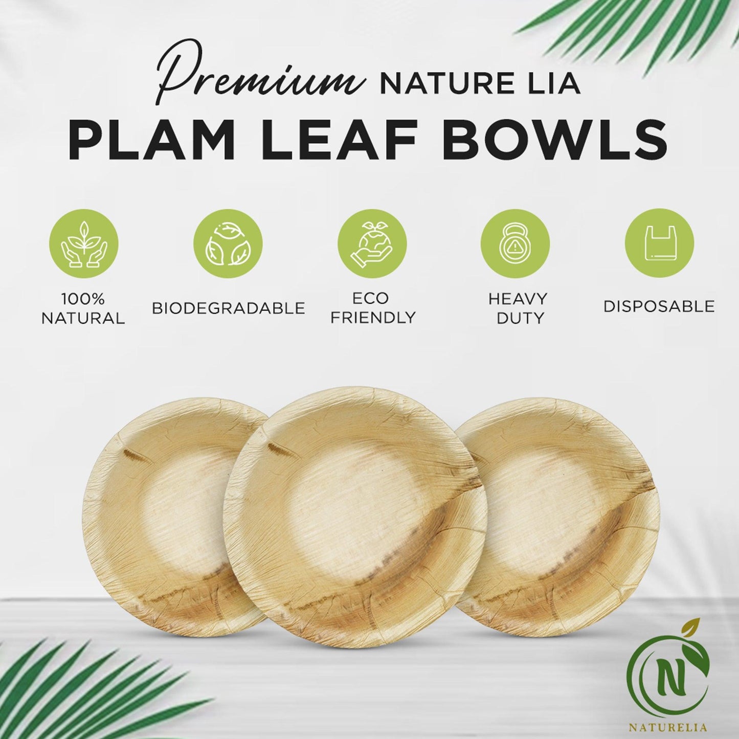 
                  
                    Naturelia 6-Inch Round Palm Leaf Disposable Bowls- Faux Wood Style Dinnerware Soup and Salad Bowl Set - 25-Pack Bundle - Microwave, Oven, and Freezer Safe - Naturelia
                  
                