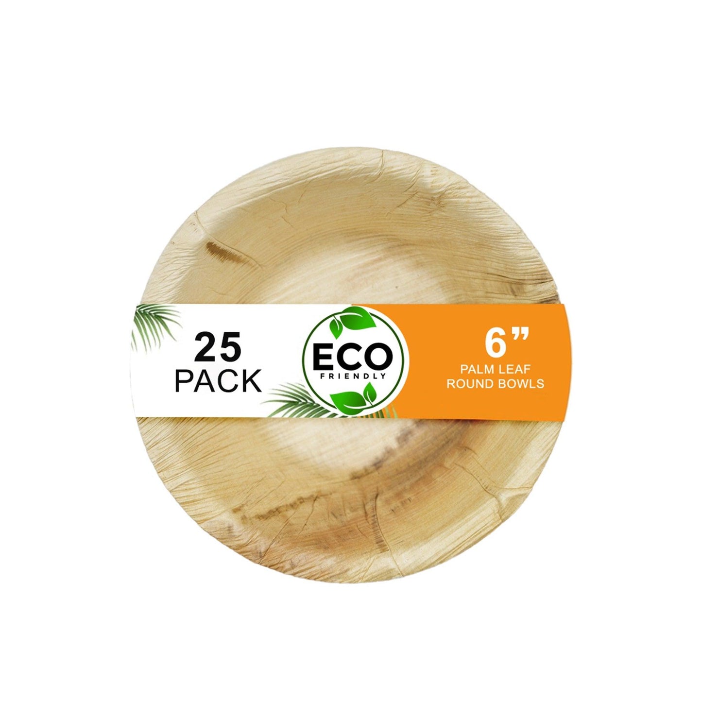 Naturelia 6-Inch Round Palm Leaf Disposable Bowls- Faux Wood Style Dinnerware Soup and Salad Bowl Set - 25-Pack Bundle - Microwave, Oven, and Freezer Safe - Naturelia