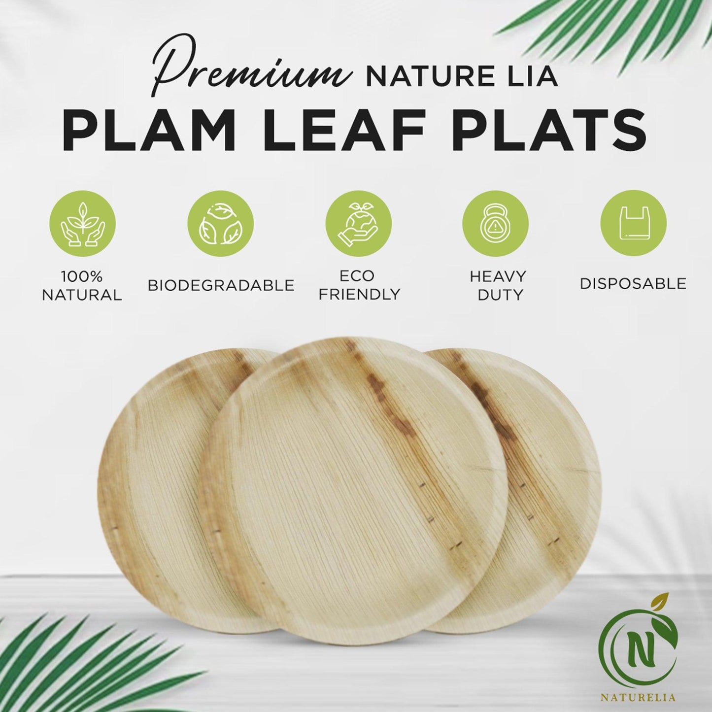Naturelia Palm Leaf Plates 10 Inch Round - Natural Wood Style Dinnerware - Microwave-Safe Dinner Party Plates for Wedding, Events - Sturdy Like Bamboo Plates - Naturelia
