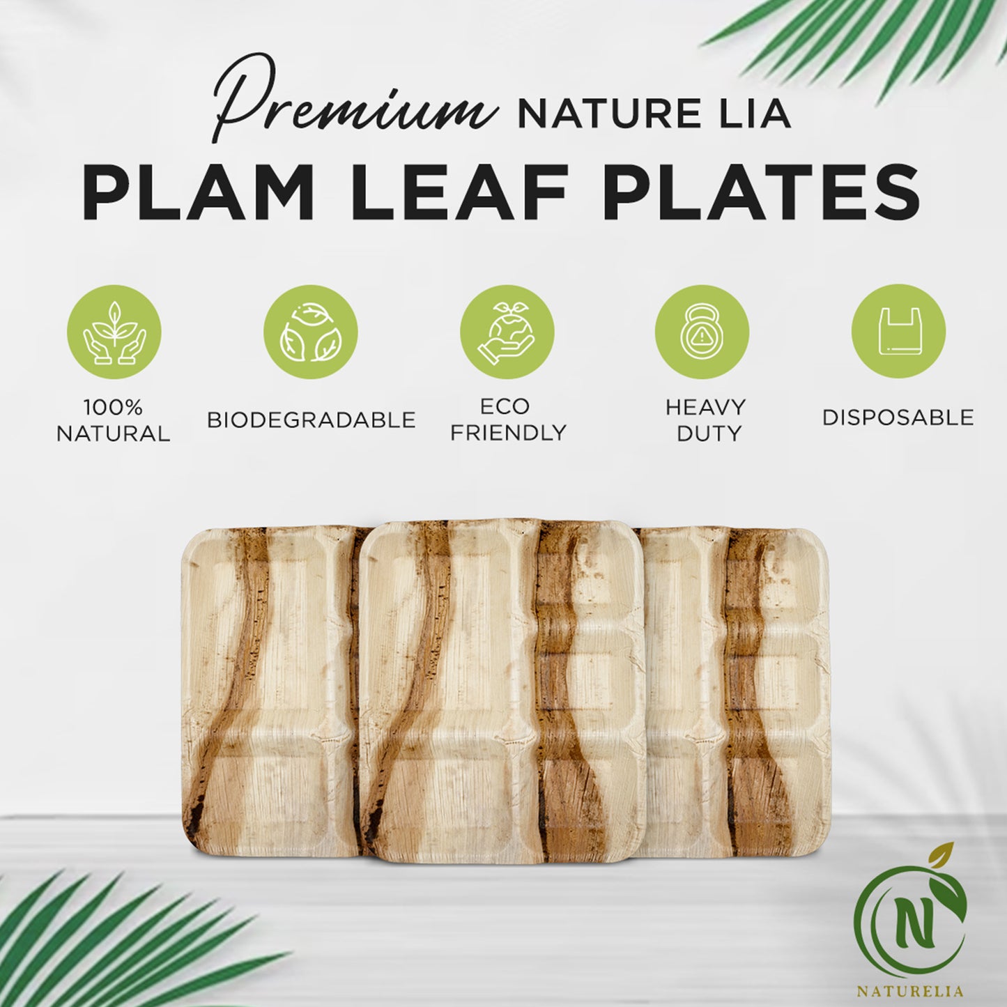 
                  
                    Naturelia Assiettes rectangulaires à 5 cloisons de 30,5 cm en forme de feuille de palmier – Vaisselle de style bois naturel – Passe au micro-ondes pour mariage, événements – Assiettes robustes comme du bambou
                  
                