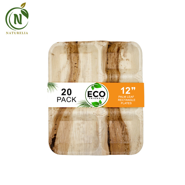 Naturelia Palm Leaf 5 Partition 12 Inch Rectangle Plates  - Natural Wood Style Dinnerware - Microwave-Safe Dinner Party Plates for Wedding, Events - Sturdy Like Bamboo Plates