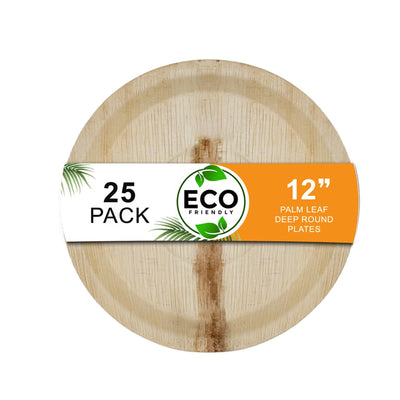 Naturelia Palm Leaf 12 Inch Round Deep Plates - Natural Wood Style Dinnerware - Microwave-Safe Dinner Party Plates for Wedding, Events - Sturdy Like Bamboo Plates - Naturelia