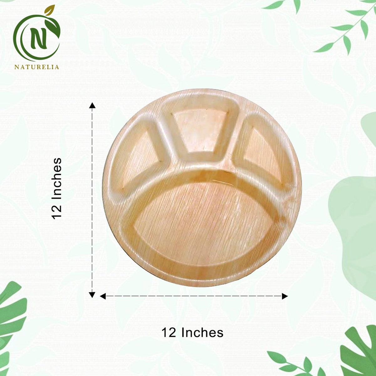 Naturelia Palm Leaf 12 Inch Round Partition Plates - Natural Wood Style Dinnerware - Microwave-Safe Dinner Party Plates for Wedding, Events - Sturdy Like Bamboo Plates - Naturelia