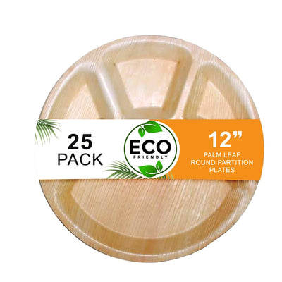 Naturelia Palm Leaf 12 Inch Round Partition Plates - Natural Wood Style Dinnerware - Microwave-Safe Dinner Party Plates for Wedding, Events - Sturdy Like Bamboo Plates - Naturelia