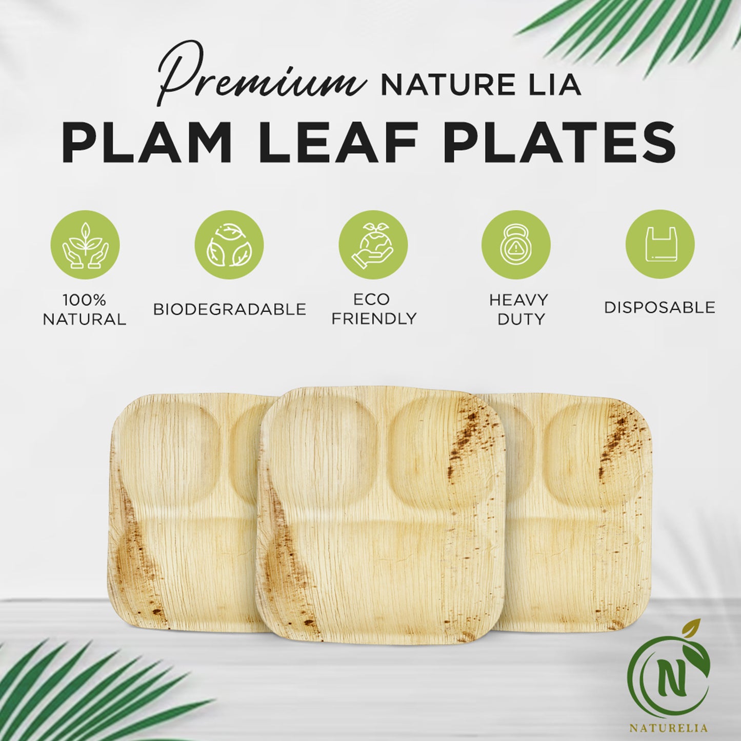 
                  
                    Naturelia 9-inch square 3-compartment palm-leaf plates — 25 pack
                  
                
