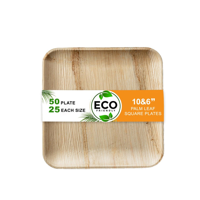 Naturelia Palm Leaf Plates 10 & 6 Inch Square Combo Set - Natural Wood Style Dinnerware - Microwave-Safe Dinner Party Plates for Wedding, Events - Sturdy Like Bamboo Plates - Naturelia