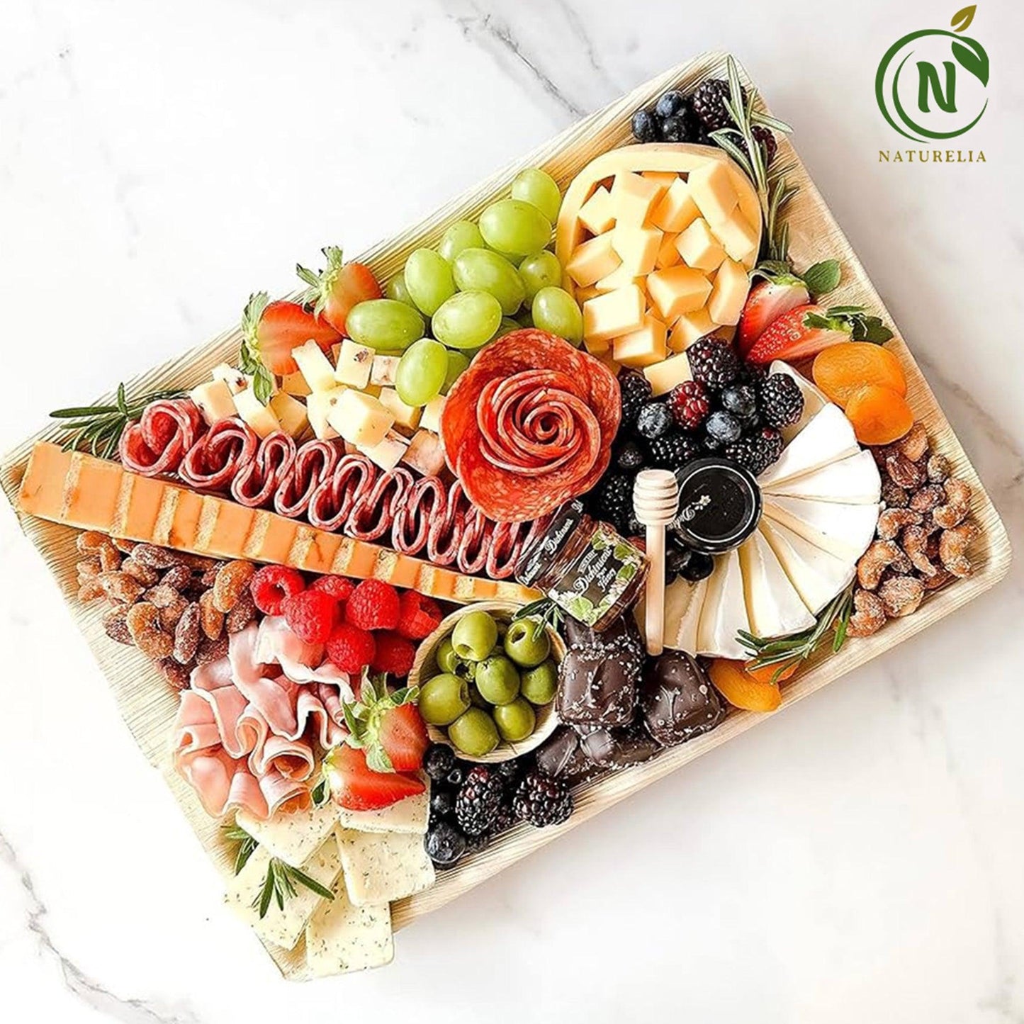 
                  
                    Naturelia Palm Leaf 13 Inch Platter Tray Set - Natural Wood Style Dinnerware - Microwave-Safe Dinner Party Tray for Wedding, Events - Sturdy Like Bamboo Tray - Naturelia
                  
                