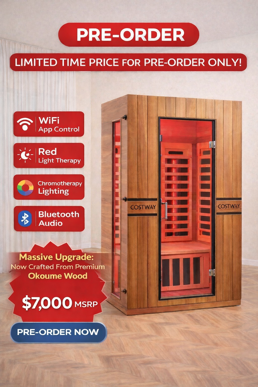 
                  
                    PREORDER NOVEMBER 2026-Costway 2-Person Dual Therapy Full Spectrum Infrared Sauna with Red Light Panel, WiFi App Control, Chromotherapy & Bluetooth – Okoume Wood- Fully Loaded Indoor Spa
                  
                