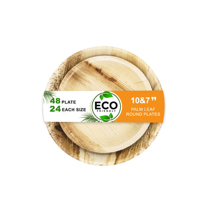 Naturelia Palm Leaf Plates 10 & 7 Inch Round Combo Set - Natural Wood Style Dinnerware - Microwave-Safe Dinner Party Plates for Wedding, Events - Sturdy Like Bamboo Plates - Naturelia