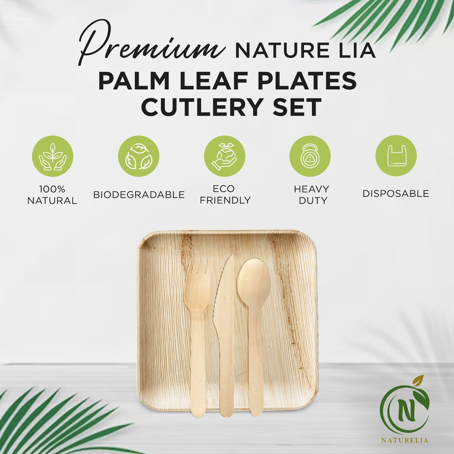 
                  
                    Naturelia Square Palm Leaf Plate and Cutlery Combo, 100 Pieces
                  
                