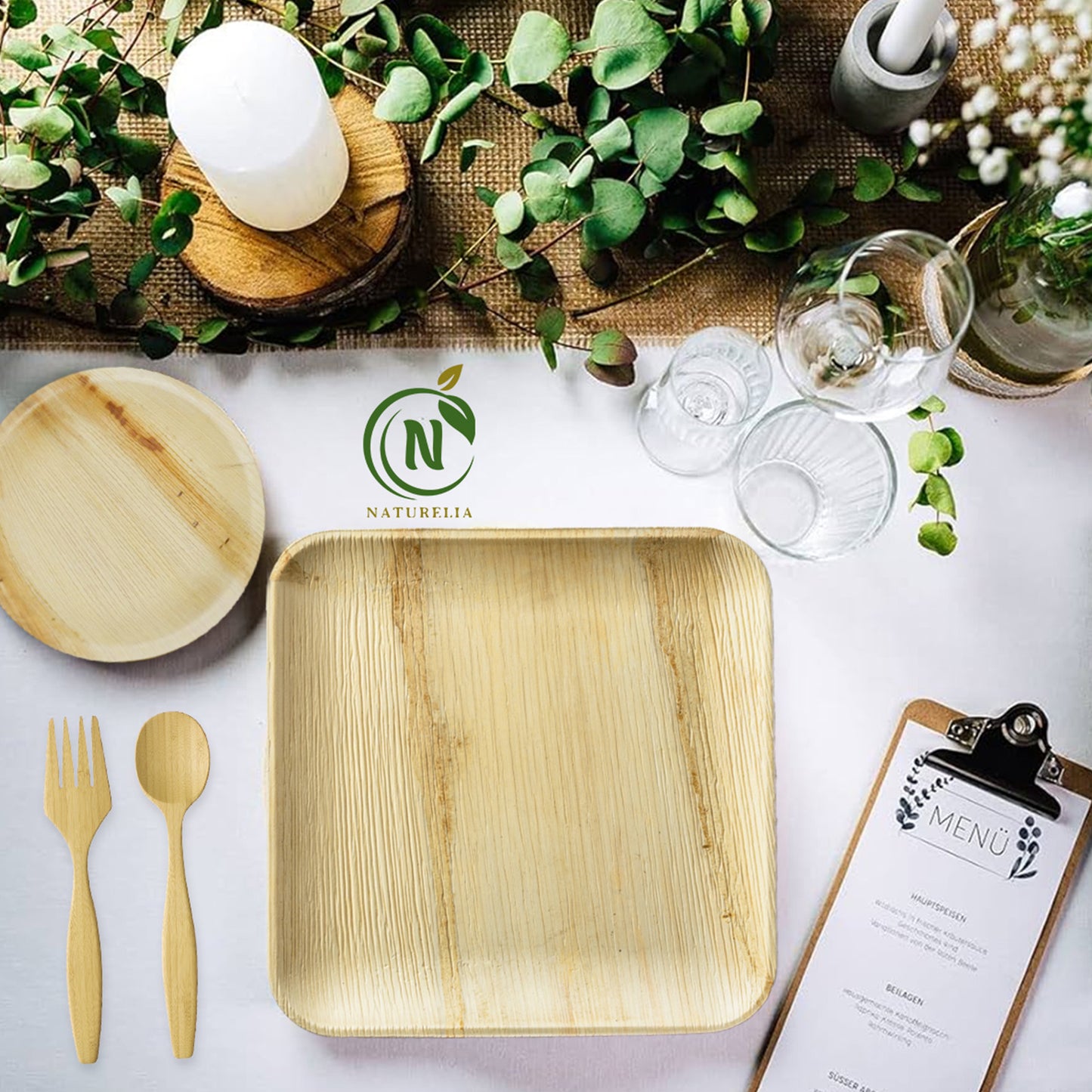 
                  
                    Naturelia Ensemble d'assiettes carrées en feuille de palmier de 25,4 cm – Vaisselle de style bois naturel – Passe au micro-ondes pour mariage, événements – Assiettes robustes comme du bambou
                  
                