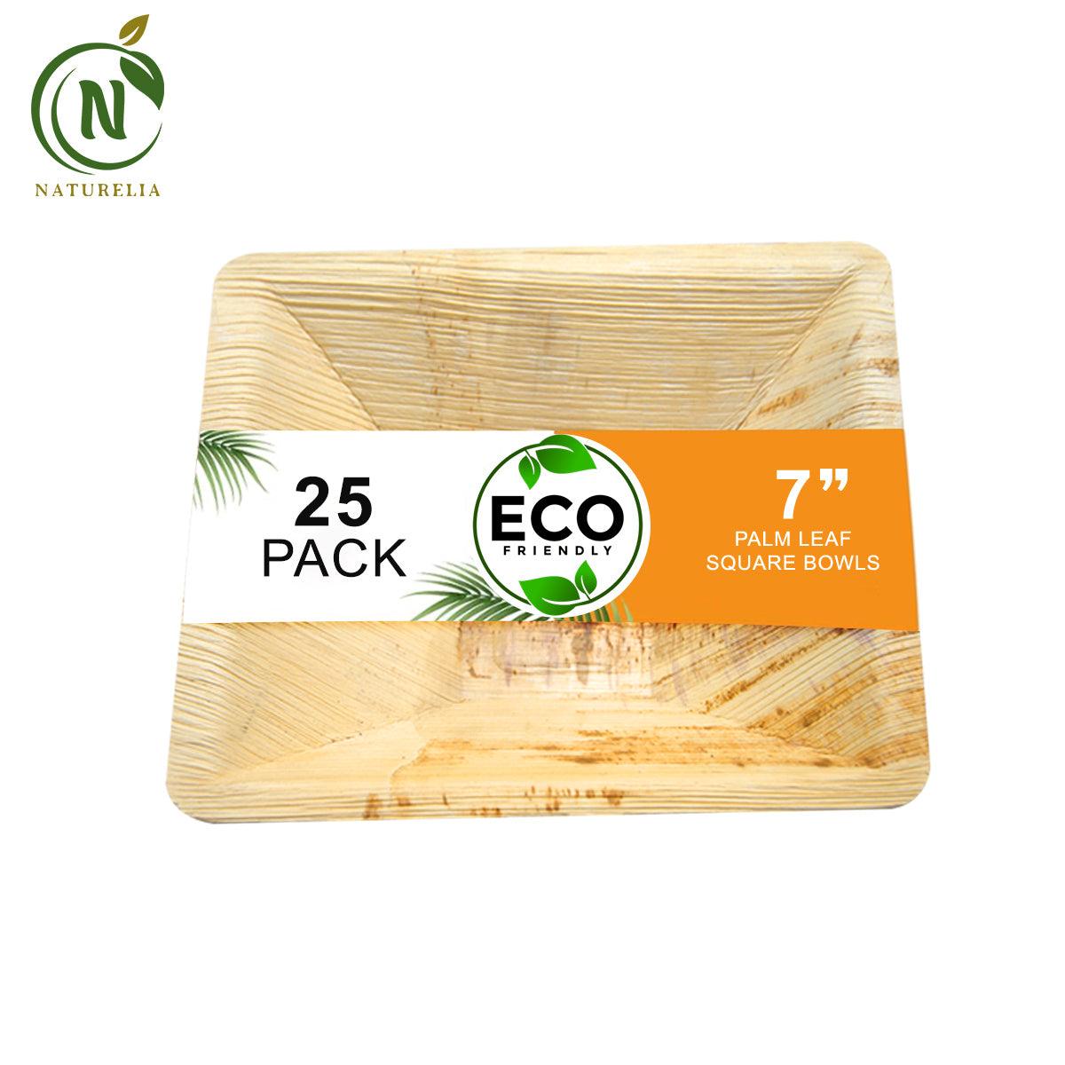 Naturelia 7-Inch Square Palm Leaf Disposable Bowls- Faux Wood Style Dinnerware Soup and Salad Bowl Set - 25-Pack Bundle - Microwave, Oven, and Freezer Safe - Naturelia
