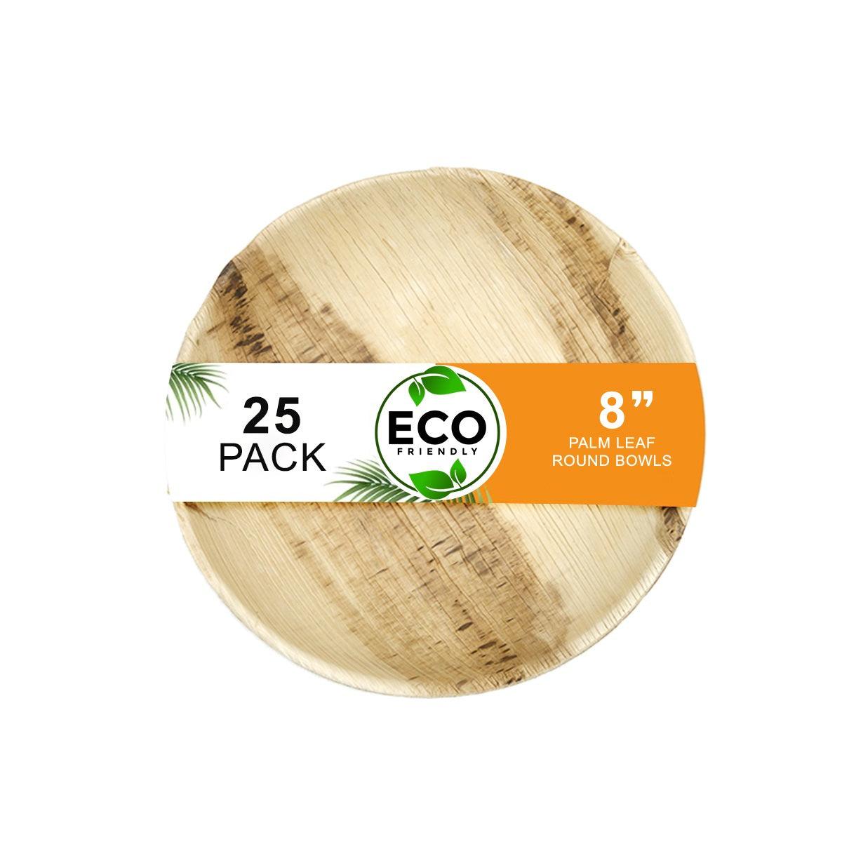 Naturelia 8-Inch Round Palm Leaf Disposable Bowls- Faux Wood Style Dinnerware Soup and Salad Bowl Set - 25-Pack Bundle - Microwave, Oven, and Freezer Safe - Naturelia