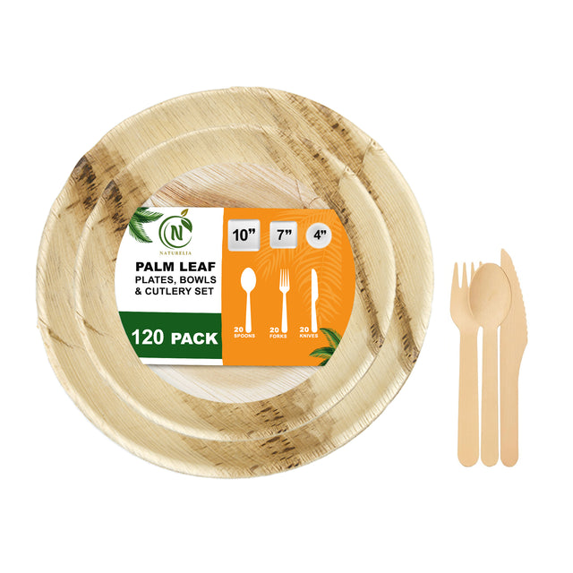 Naturelia Palm Leaf Plates Party Pack Round Plates 120 Pack, Bowls & Cutlery- Natural Wood Style Dinnerware - Microwave-Safe Dinner Party Plates for Wedding, Events - Sturdy Like Bamboo Plates