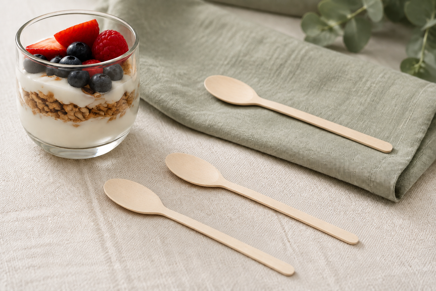 
                  
                    Pale wooden spoons styled on linen beside dessert; food and props not included
                  
                