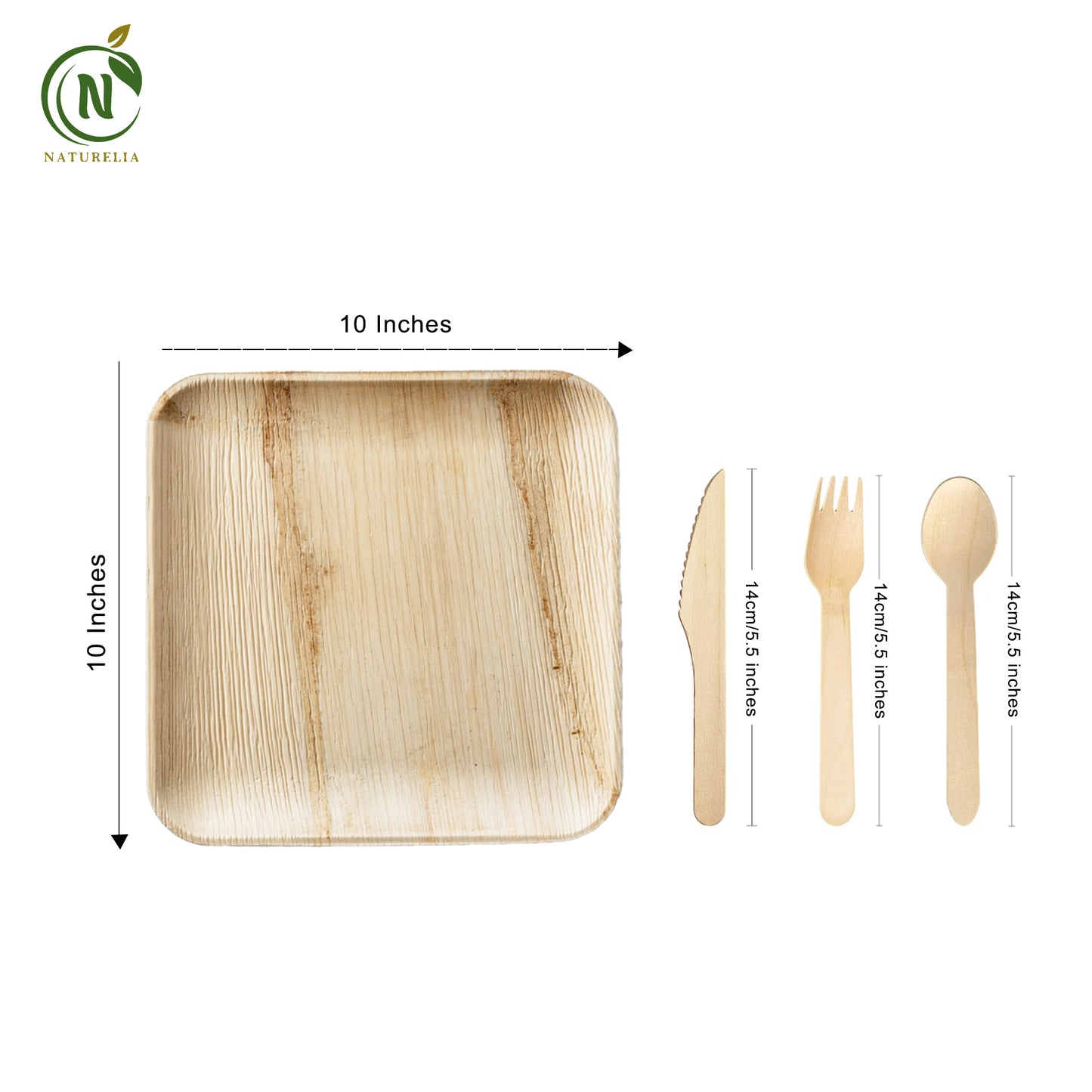 Square palm-leaf plate & cutlery combo: 100 pieces