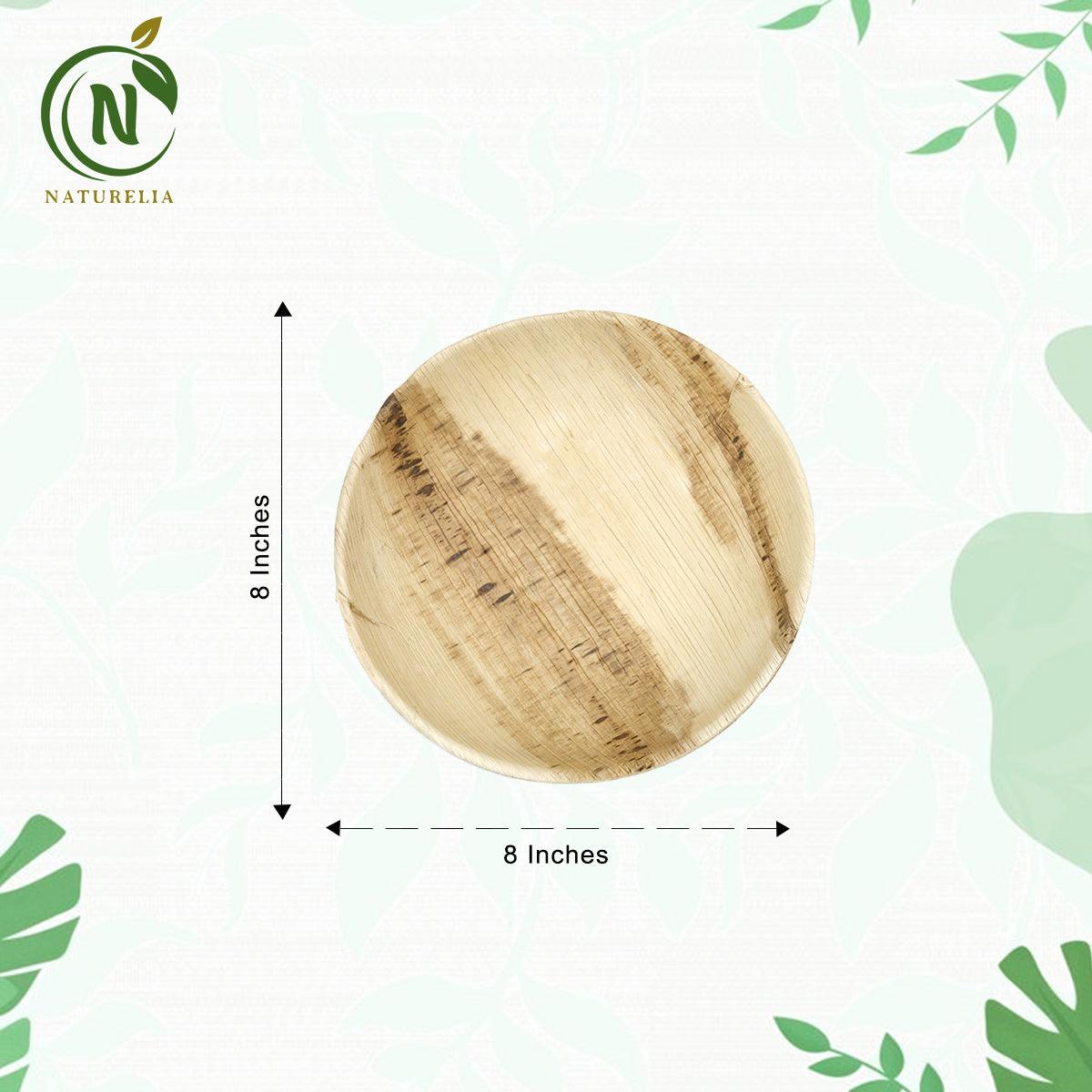Naturelia 8-Inch Round Palm Leaf Disposable Bowls- Faux Wood Style Dinnerware Soup and Salad Bowl Set - 25-Pack Bundle - Microwave, Oven, and Freezer Safe - Naturelia